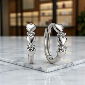 Minimalist Hoop Heart Earrings S925 Sterling Silver Dainty Zirconia Gift